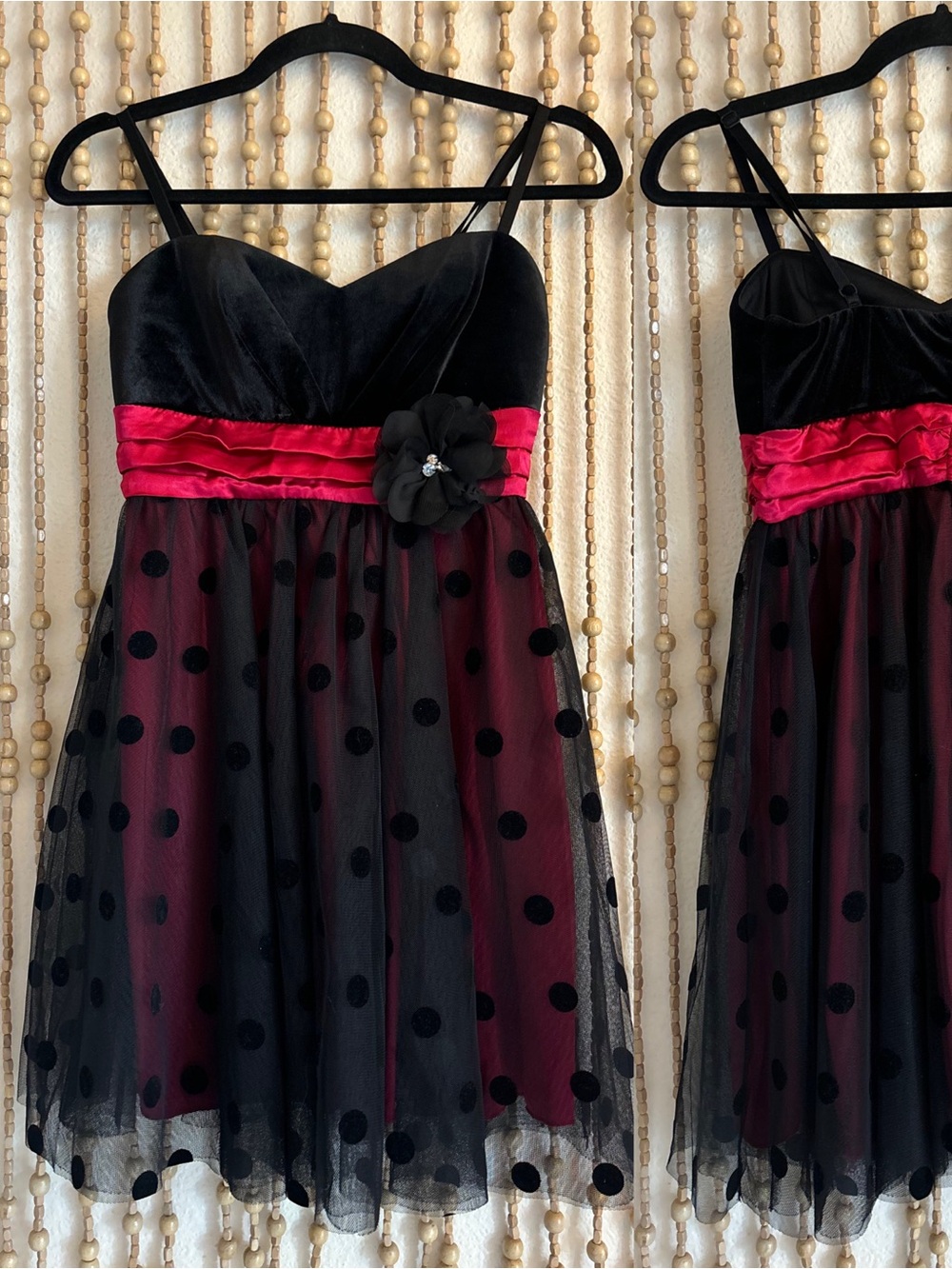 By & By Y2K Red Black Babydoll Polkadot Floral Appliqué Sweetheart Formal Dress